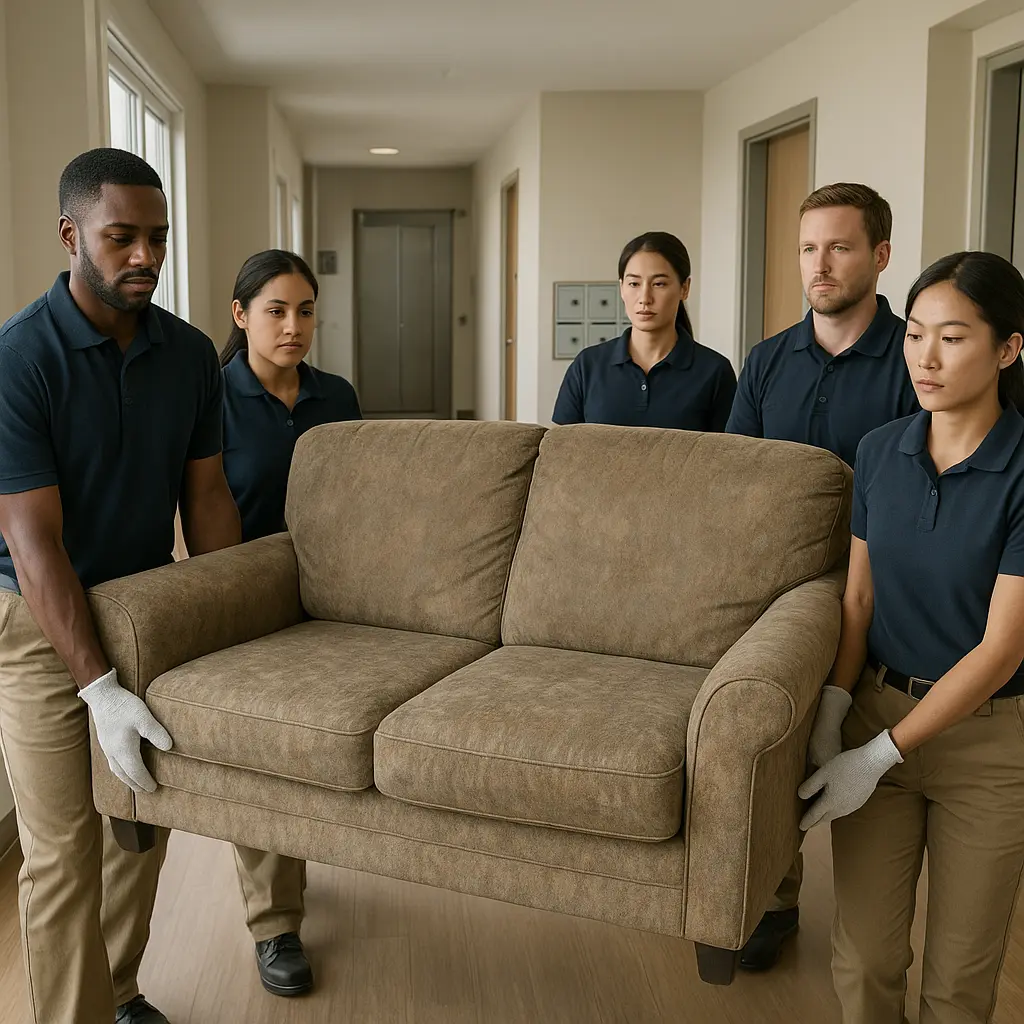 Equipo retirando un sofá en un edificio